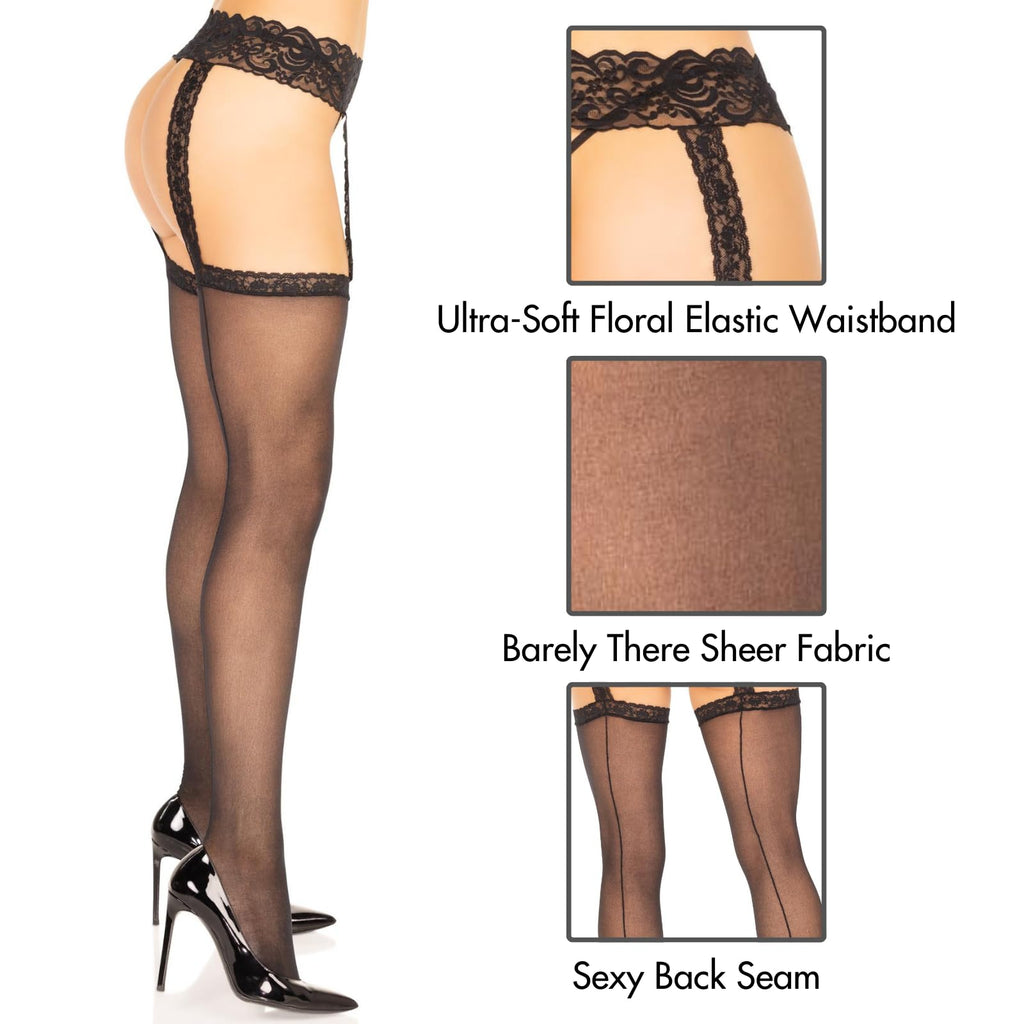 Plus Size Lace Top Sheer Stockings With Backseam And Attached Lace Garter Belt