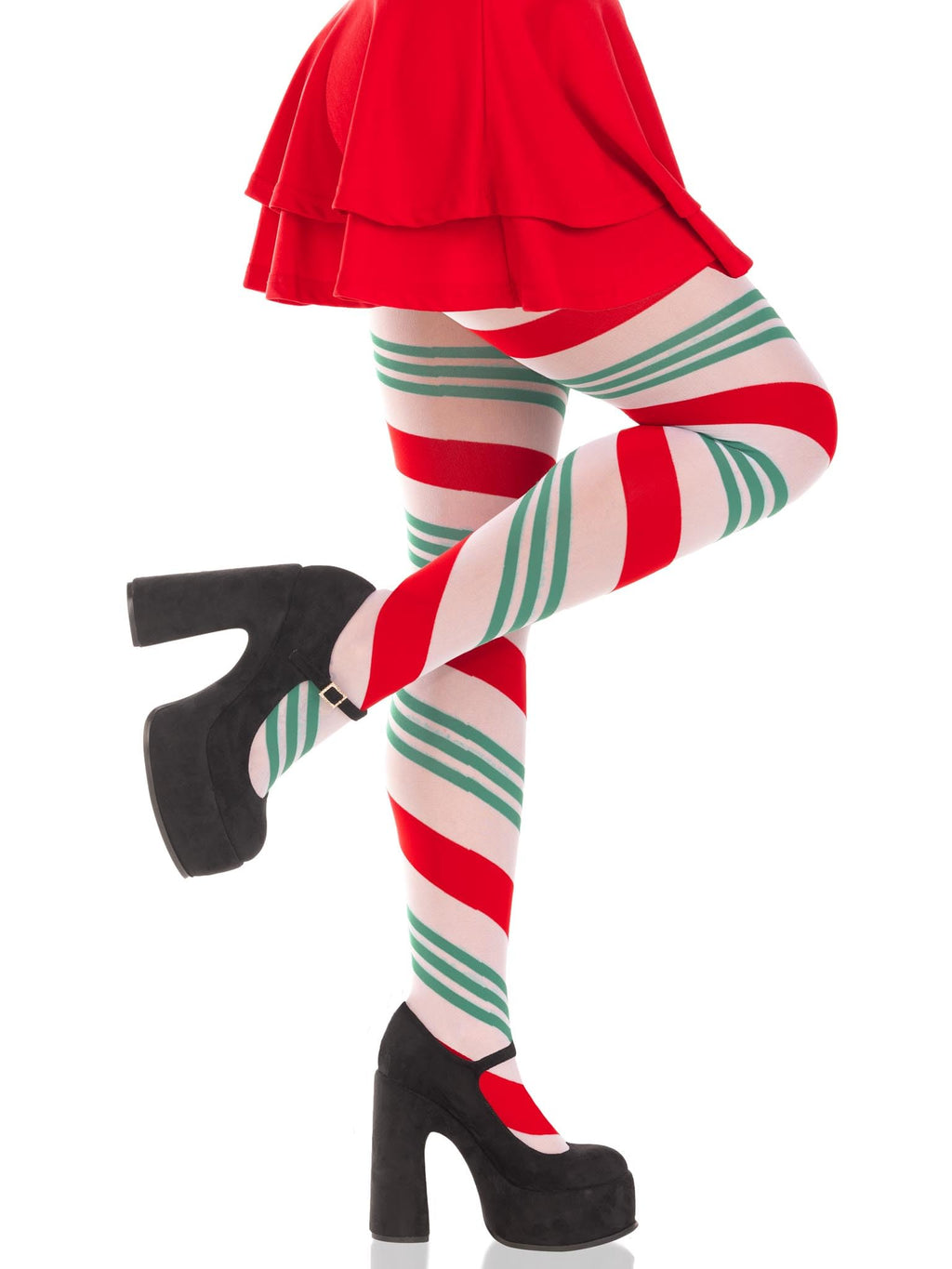 Leg Avenue Holiday ribbon striped tights. Green/Red Color