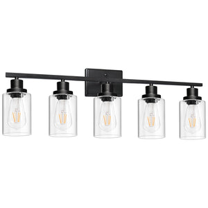 Ascher 5-Light 37.8'' Wall Sconces, Modern Vanity Light Fixture With Clear Glass Shade, Black Finish Wall Light For Mirror Bedro