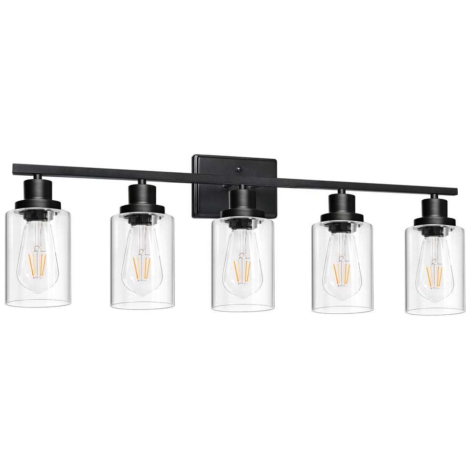 Ascher 5-Light 37.8'' Wall Sconces, Modern Vanity Light Fixture With Clear Glass Shade, Black Finish Wall Light For Mirror Bedro