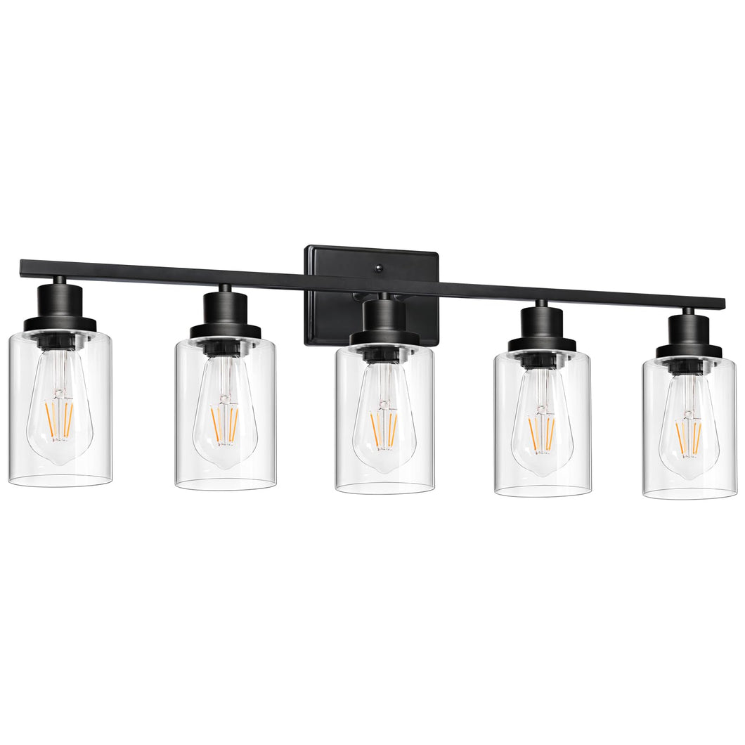 Ascher 5-Light 37.8'' Wall Sconces, Modern Vanity Light Fixture With Clear Glass Shade, Black Finish Wall Light For Mirror Bedro