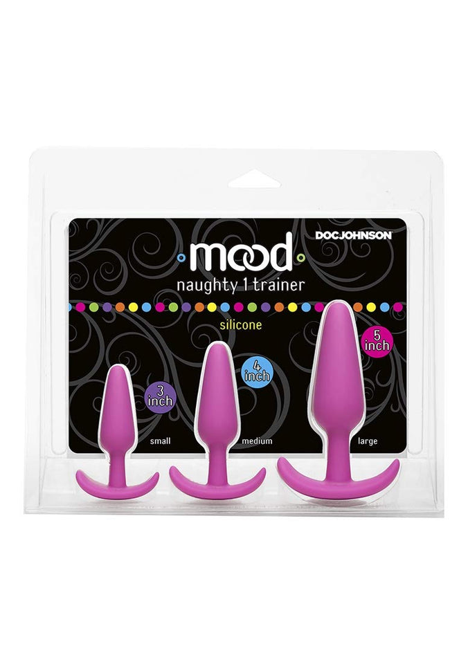 Doc Johnson Mood - Naughty 1 Trainer Set - Small, Medium, Large - Silicone Butt Plugs With Tapered Base For Comfort Between The Cheeks - Pink