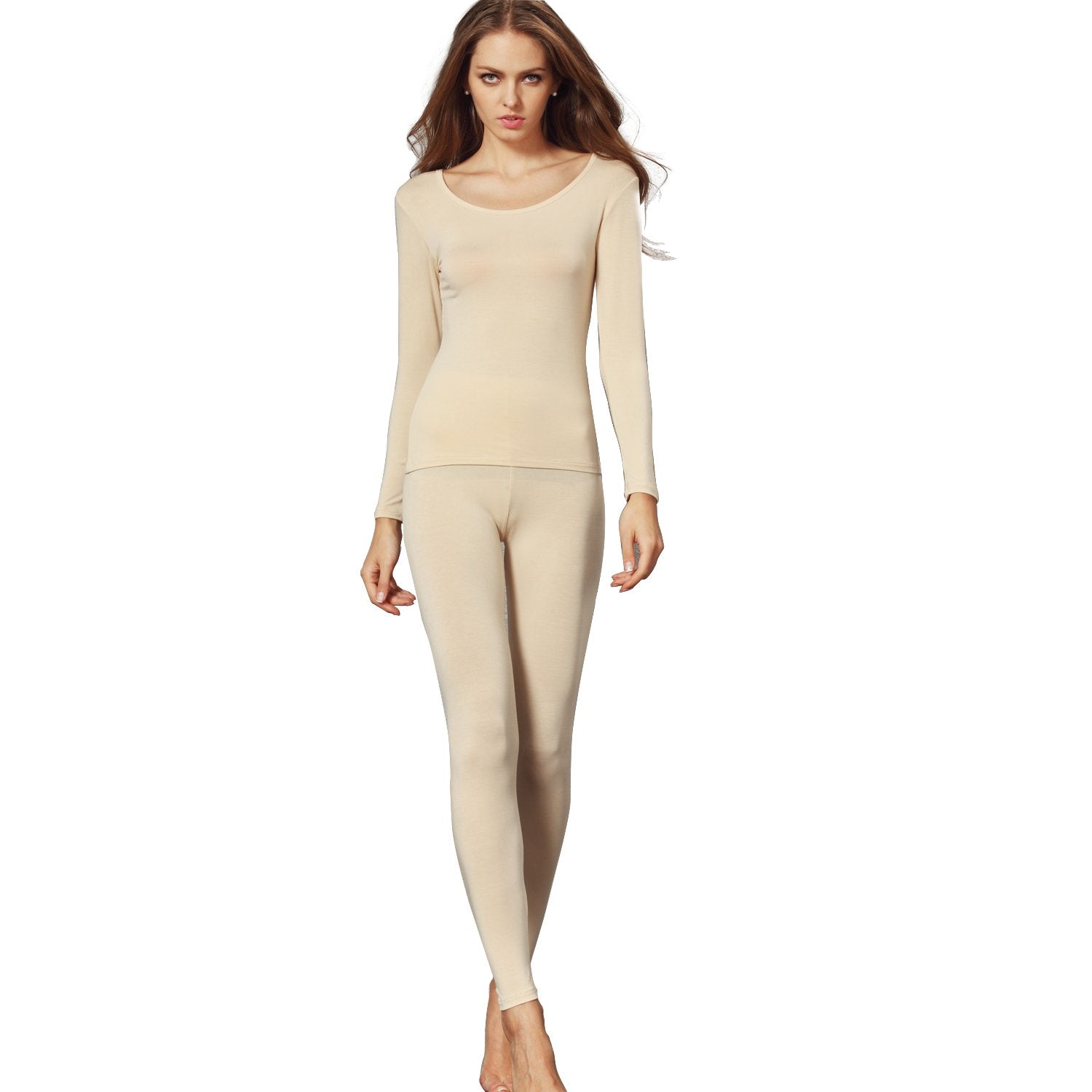 Liang Rou Womens Crewneck Long Johns Ultra Thin Modal Thermal Underwear Top & Bottom Set Apricot X-Large