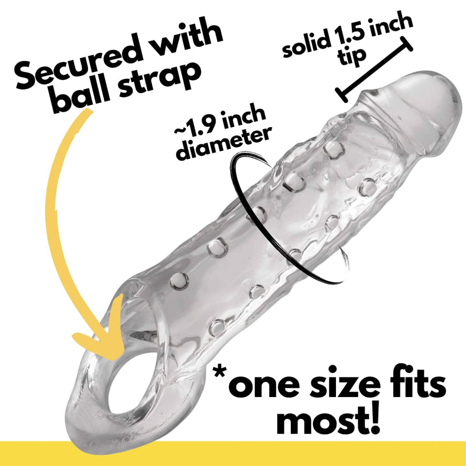 Size Matters Clearly Ample Penis Enhancer With Strechy Ball Strap For Men, Women, And Adult Couples, Reusable Extender Sleeve For Size Length And Girth, Soft, And Firm With Textured Nubs, 9.1 Inch