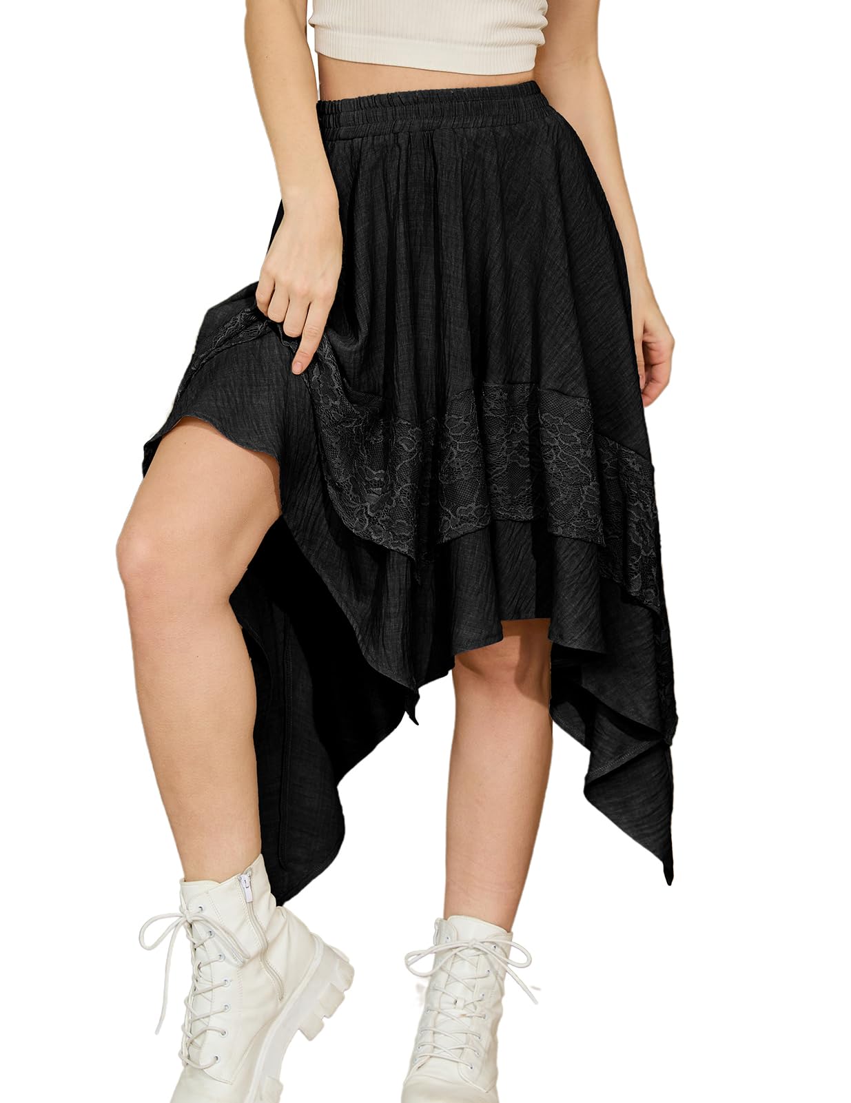 Bridesmay Renaissance Costume Skirt Lace Tiered Asymmetrical Fairy Skirts Blow The Keen Length Witchy Clothes Black S