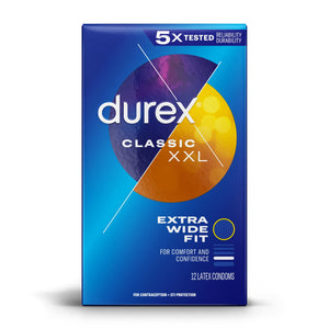 Durex Condom Xxl Longer & Wider Natural Latex Condoms, Extra Wide Fit, 12 Count - Ultra Fine & Lubricated (Packaging May Vary)