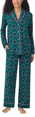 Room Service Womens 2-Piece Shawl Collar Pajama Set (US, Alpha, Small, Regular, Regular, Green Geo)
