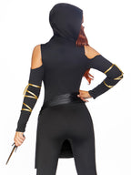 3Pc.Stealth Ninja,Hooded Catsuit,Waist Sash,And Face Mask Medium Black/Gold