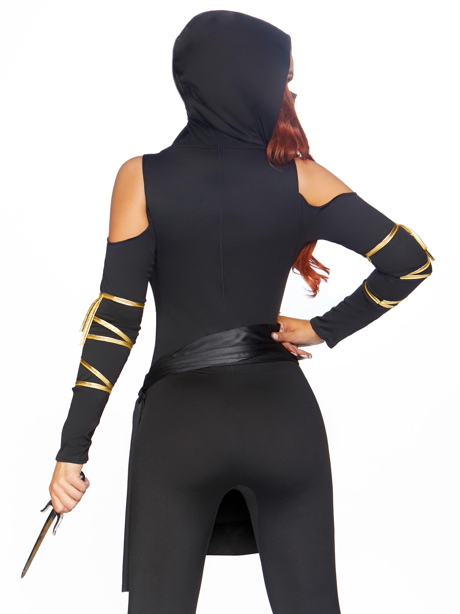 3Pc.Stealth Ninja,Hooded Catsuit,Waist Sash,And Face Mask Small Black/Gold