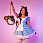3 PC Storybook Alice, includes stretch twill lace up apron dress with built in petticoat, pin on back bow, and bow headband.