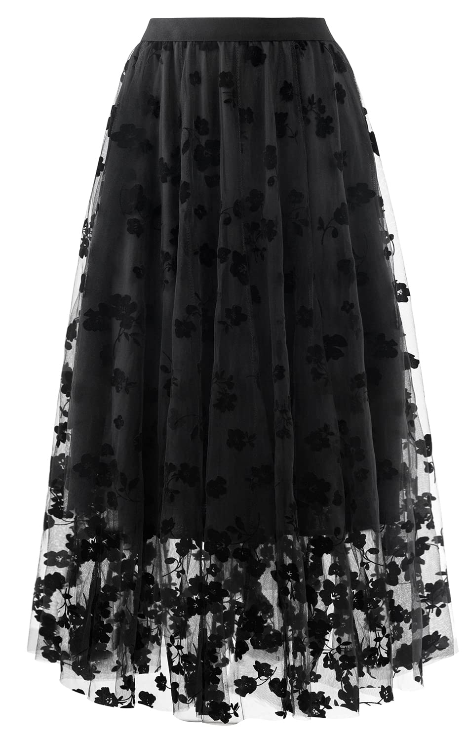 Reaowazo Skirts for Women Midi Long Length Dressy Casual Trendy Summer Tulle A-Line Floral High Waist Skirt Black 2XL-3XL