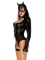 3 Pc Fierce Feline, Includes Gloved Snap Crotch Bodysuit, Belt With Attached Garter, And Cat Ear Skull Cap.