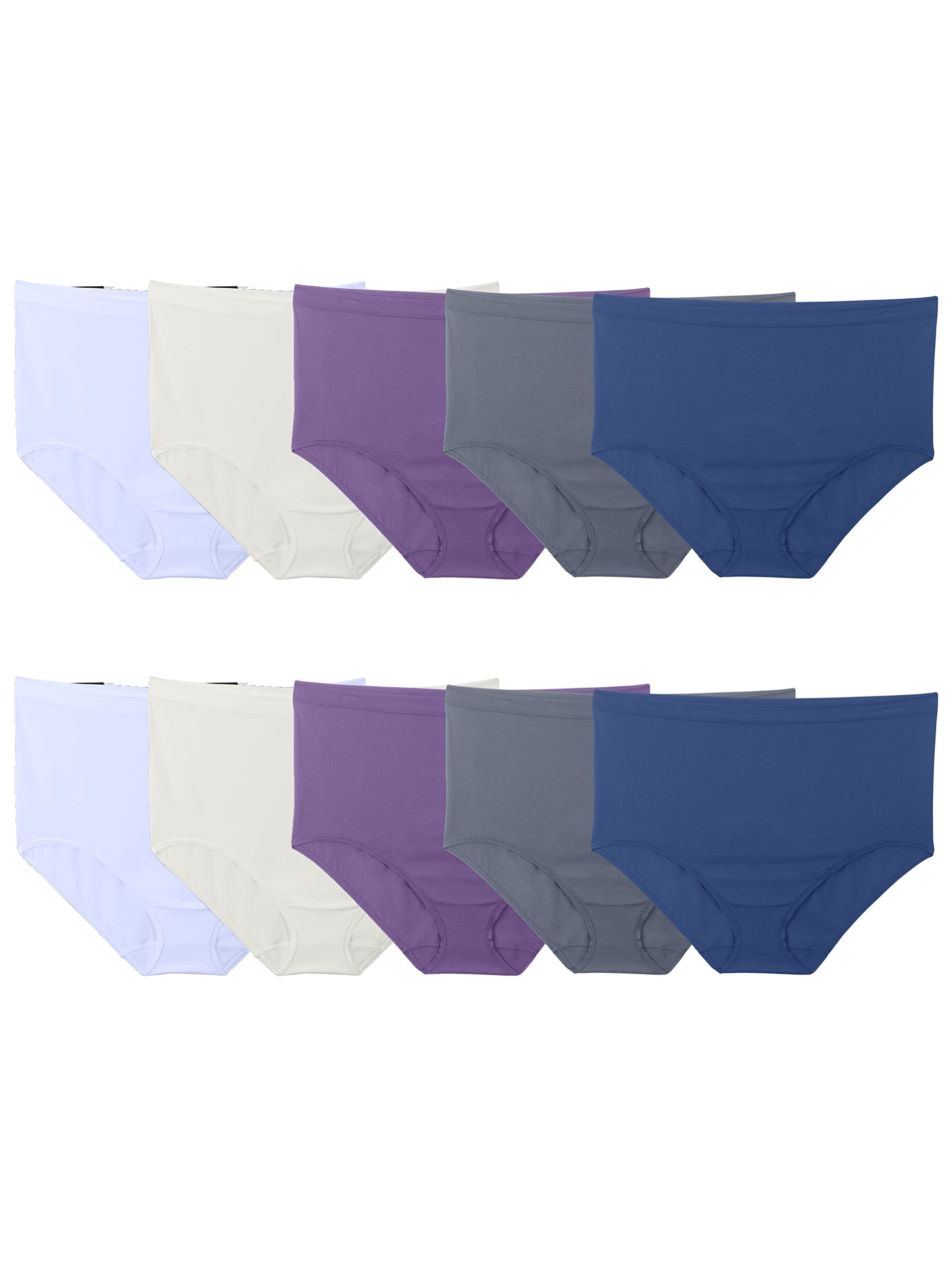 Fruit of the Loom Womens Fit Size Assorted Seamless Brief Underwear, 10 Pack, Brief-10 Pack-Blue/Purple/Grey, 12 Plus