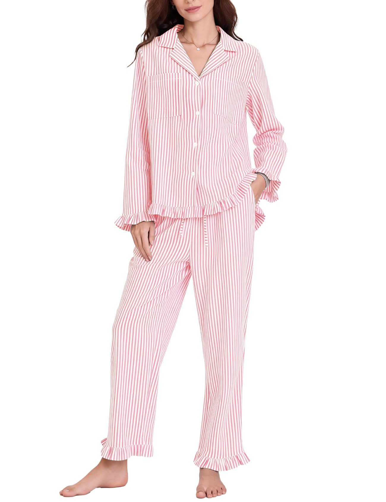 Flygo Womens Striped Pajama Sets 2 Piece Cotton Lounge Sets Button Down Top Straight Leg Pants with Pockets Y2K Pjs Sleepwear(Pi