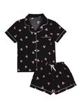 Verdusa Pajamas For Women Set 2 Piece Summer Pajama Sets Cute Pjs Lounge Matching Button Shirt with Shorts Cherry Pink and Black