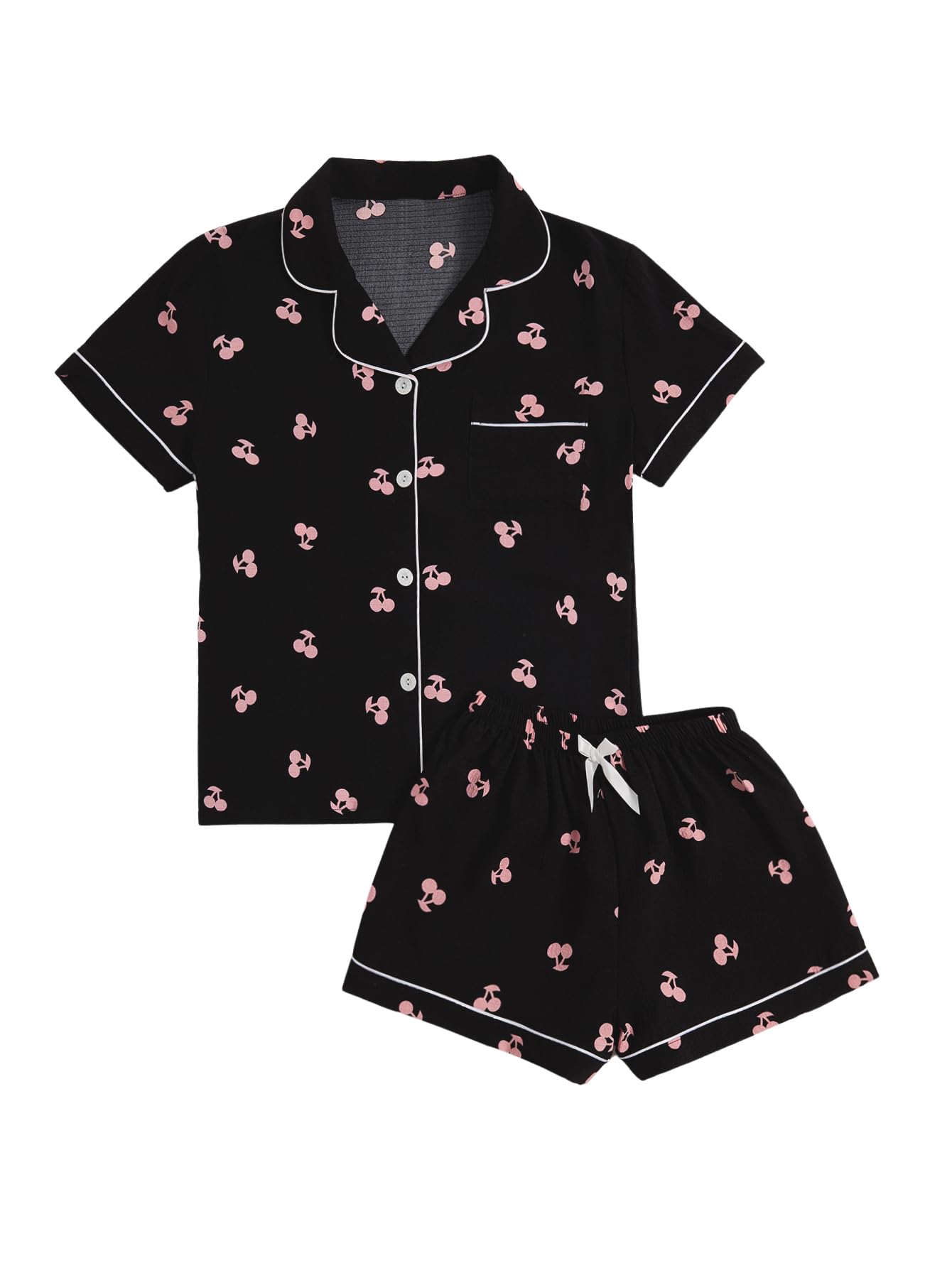 Verdusa Pajamas For Women Set 2 Piece Summer Pajama Sets Cute Pjs Lounge Matching Button Shirt with Shorts Cherry Pink and Black