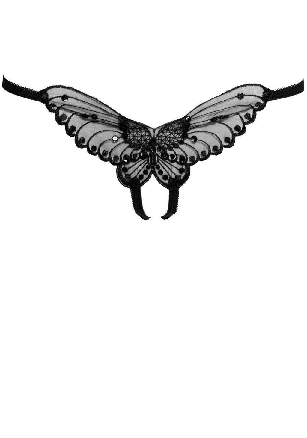 Sheer Butterfly Applique Crotchless Panty With Pearl And Sequin Detail