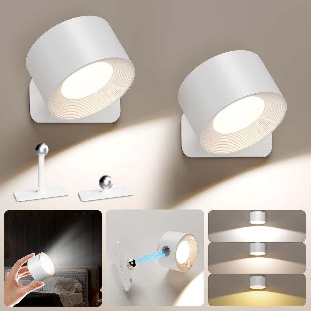 Autoeuropa Battery Operated Wall Sconces, Set Of 2 Wireless Rechargeable Led Lights, 3 Color Temperatures & Brightness, 360 Rota
