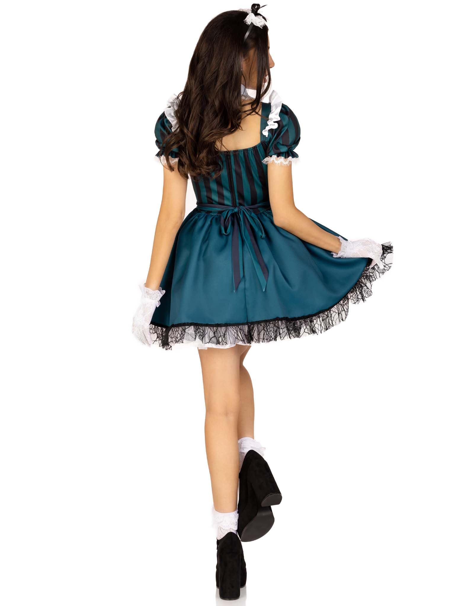 4 PC Victorian Maid, includes striped dress with jewel accent and built in petticoat, lace trimmed apron, collar, and head piece