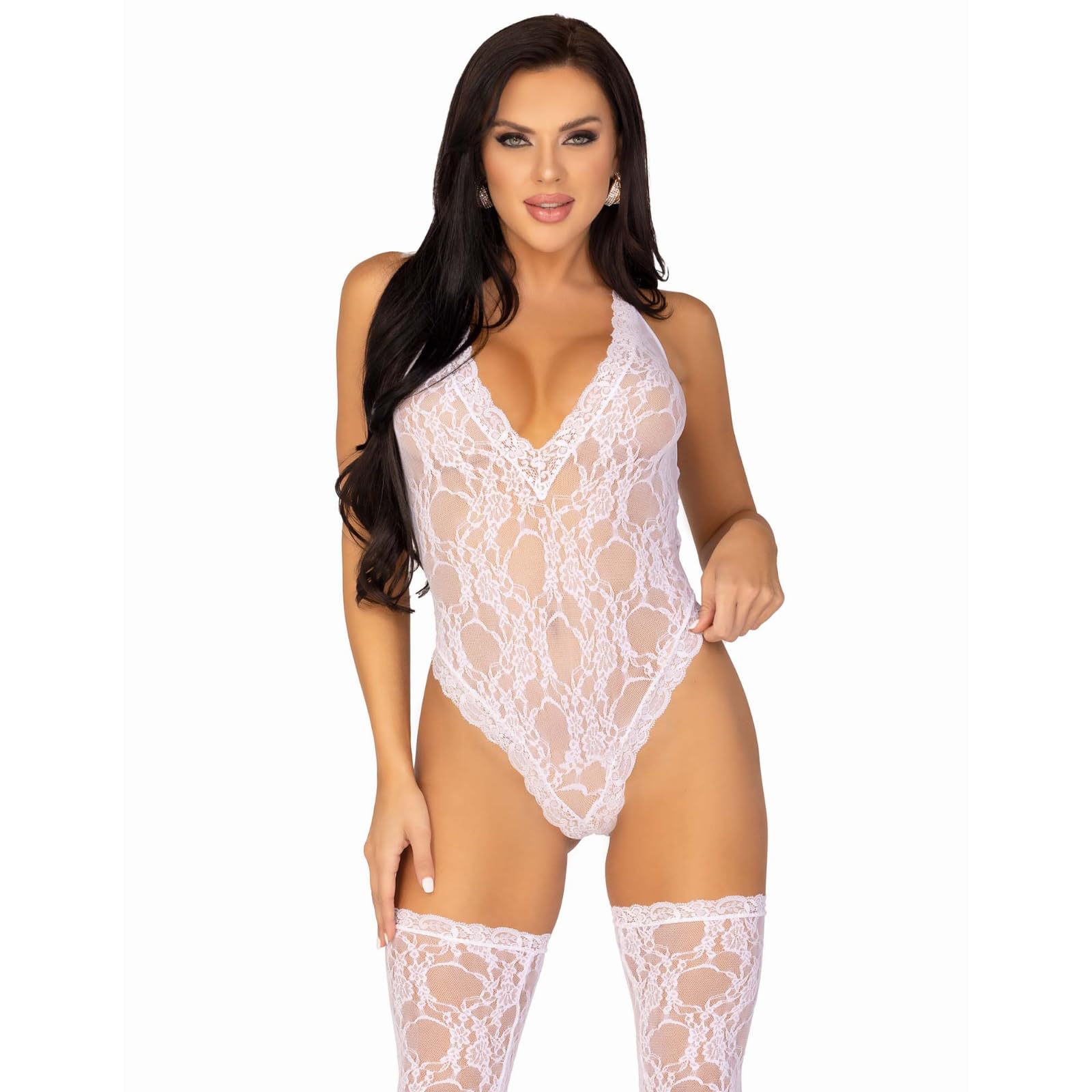 2PC.Floral lace deep-V teddy a
