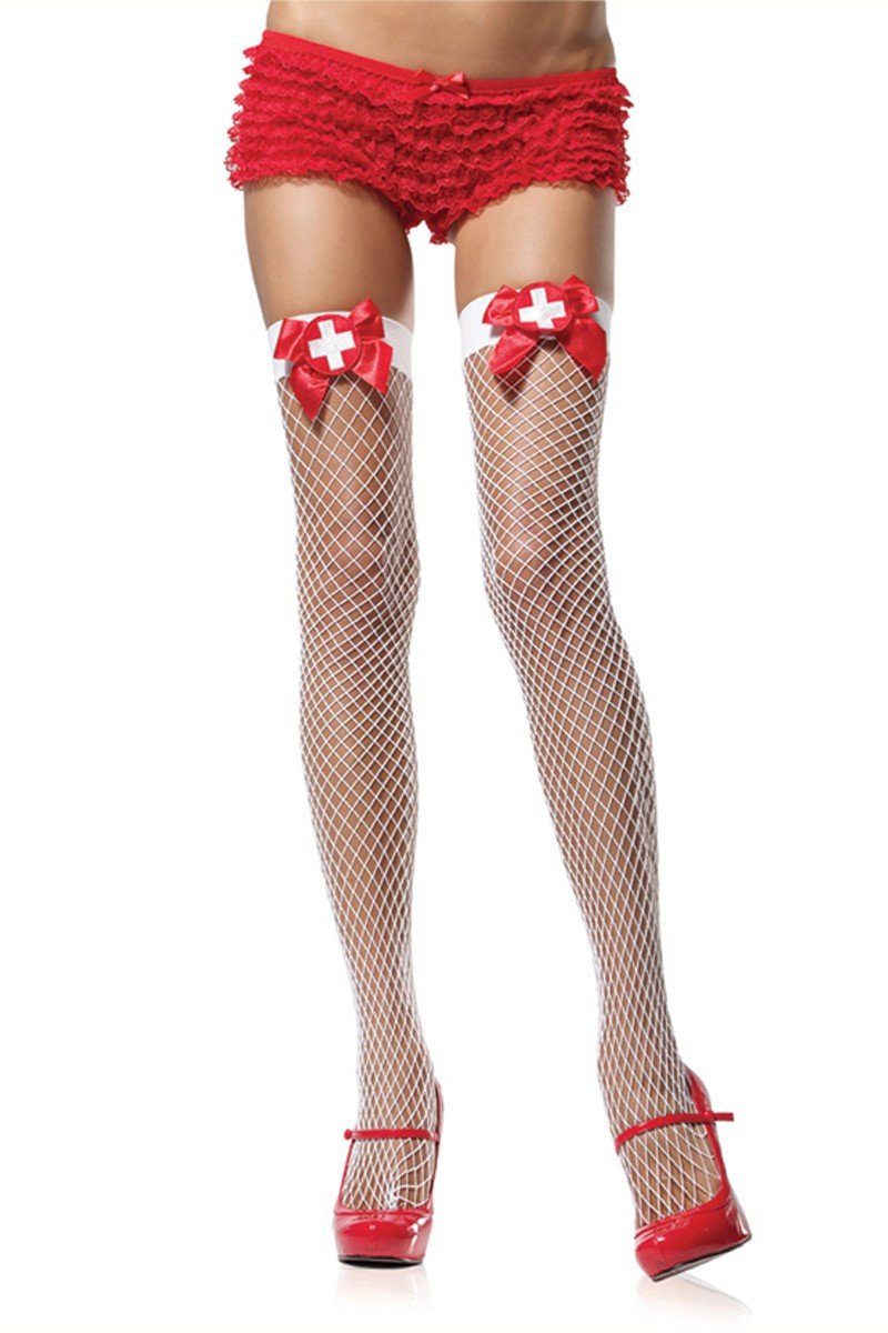 Bow Top Industrial Net Thigh Highs With Nurse Badge Accent
