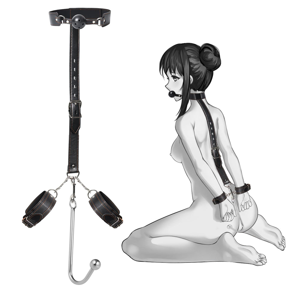 SM Sex Toys Anal Hook BDSM Restraint Kit Sex Bondage with Comfortable and Durable Ball gags Choker and Adjustable Leather Handcu