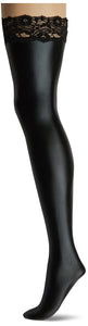 Coquette Women'S Wet Look Thigh High Stay Up Stockings With Lace, Black, One Size