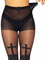 Spandex Opaque Cross Pantyhose With Sheer Thigh Accent O/S Black