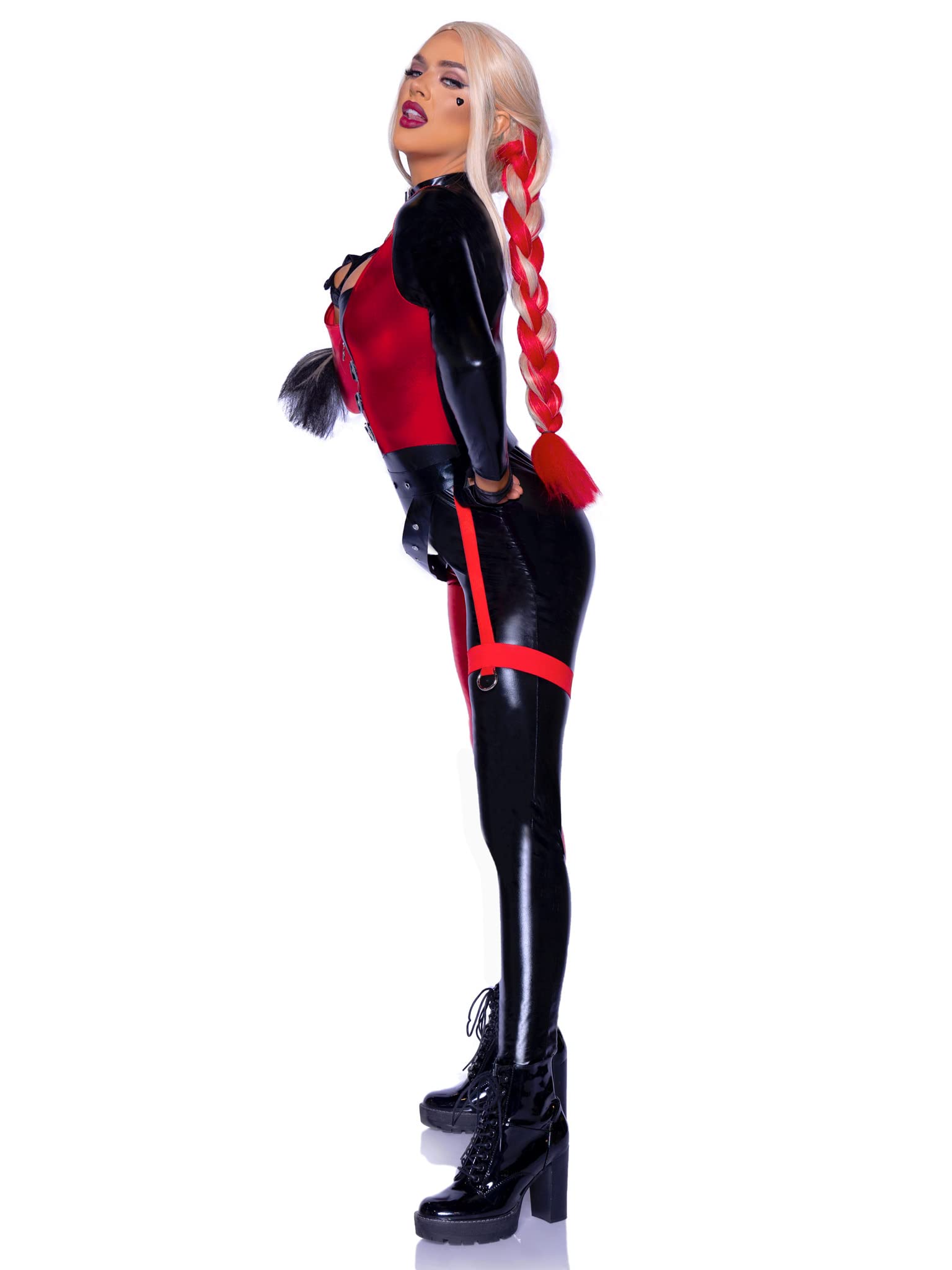 2 Pc Chaos Cutie, Includes Two-Tone Zip Up Catsuit With Buckle Detail And Belt With Attached Garter.