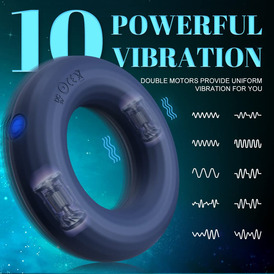 Vibrating Cock Ring with Uniqe O-Shape Design, Silicone Penis Rings Vibrator with 10 Vibration Modes, Double Motors Mens Vibrato
