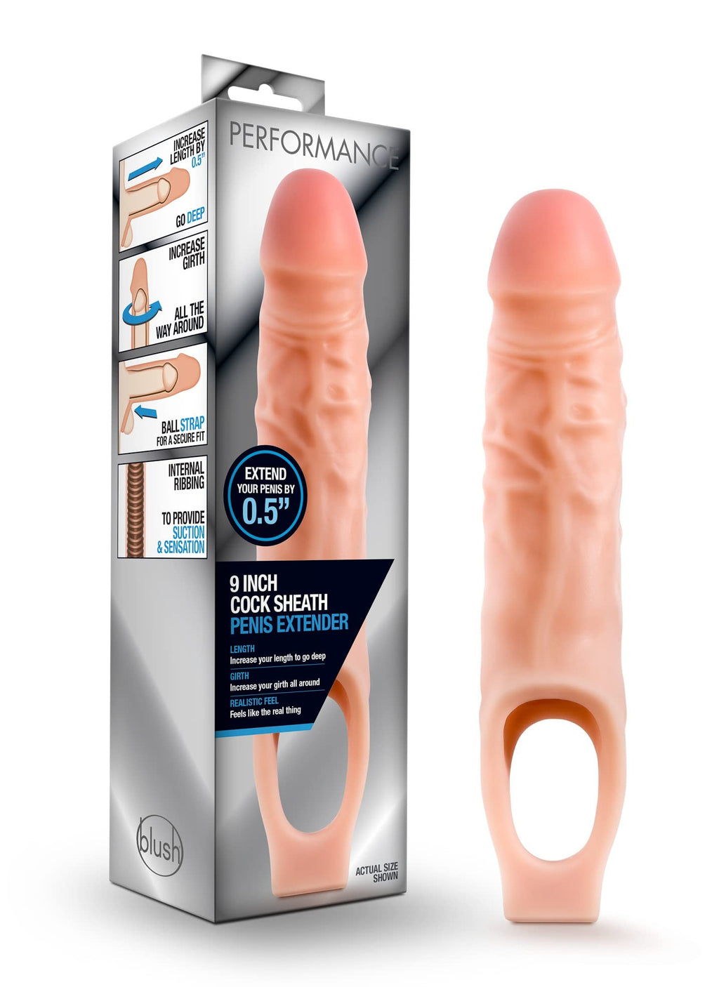 Blush Novelties, Performance - Ultra Soft X5 Plus Penis Sheath Extender - Extend Your Penis .5'' - Thicken Up to 1.5''- Ribbed C