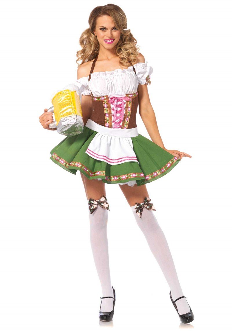 2 Pc Gretchen Costume, Includes Peasant Top Dress With Satin Ribbon Trim And Stockings With Matching Bows
