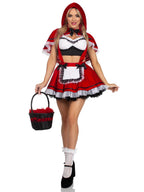 3 PC Flirty Miss Red, includes lace trimmed crop top, suspender skirt, and hooded cape.