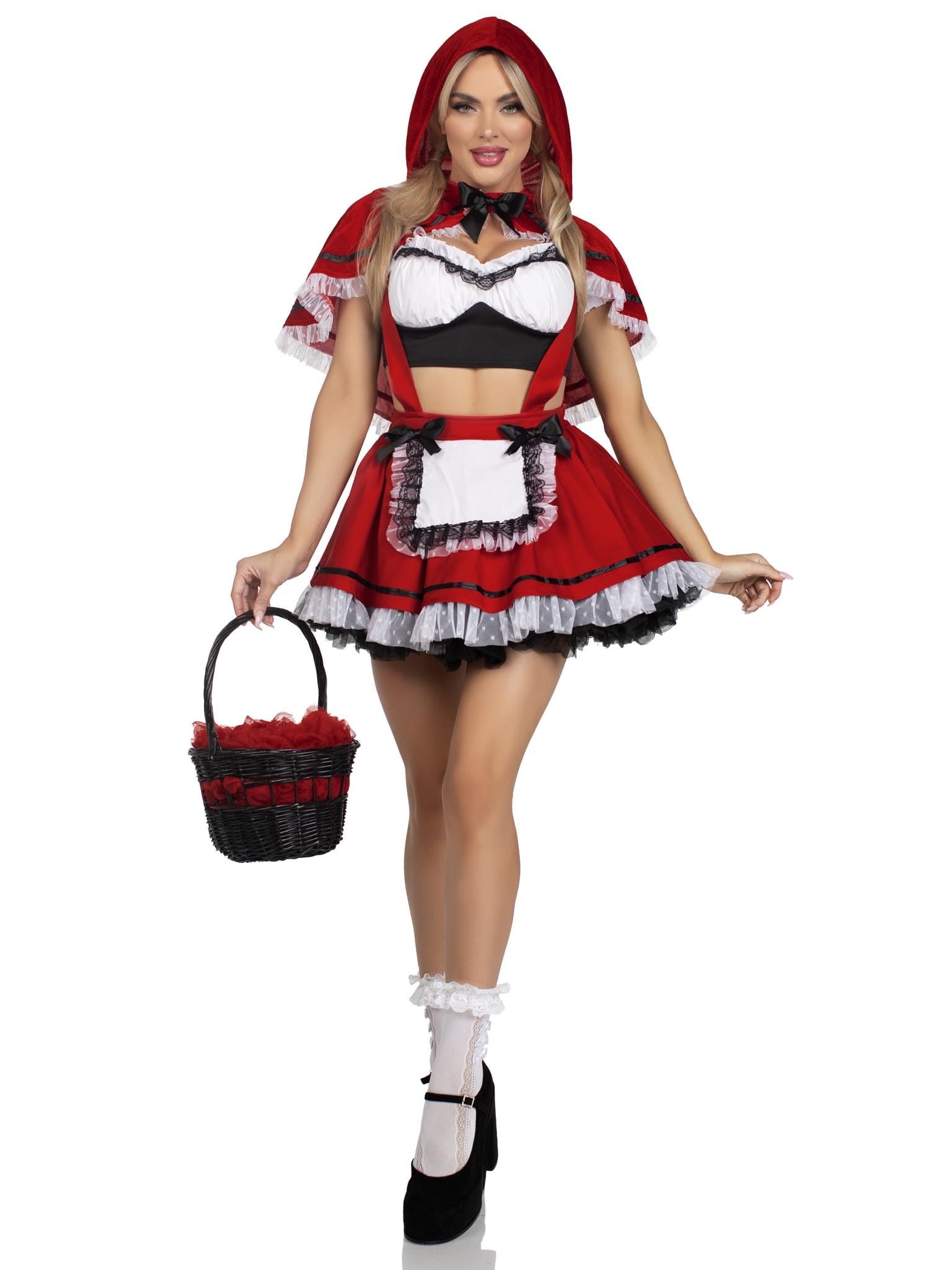 3 PC Flirty Miss Red, includes lace trimmed crop top, suspender skirt, and hooded cape.