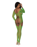 Magic Silk Seamless Fishnet Gartered Catsuit Lime Os