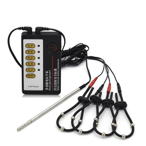 4-Ring Male Masturbation Adjustable Penis Ring with Beads Electric Shock Metal Urethral Plug Male Electric Shock Sex Toy
