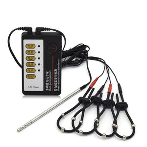 4-Ring Male Masturbation Adjustable Penis Ring with Beads Electric Shock Metal Urethral Plug Male Electric Shock Sex Toy