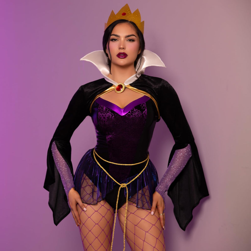 4 PC Poison Apple Queen, includes snap crotch bodysuit with velvet brocade detail and iridescent skirt, velvet shrug with jewel