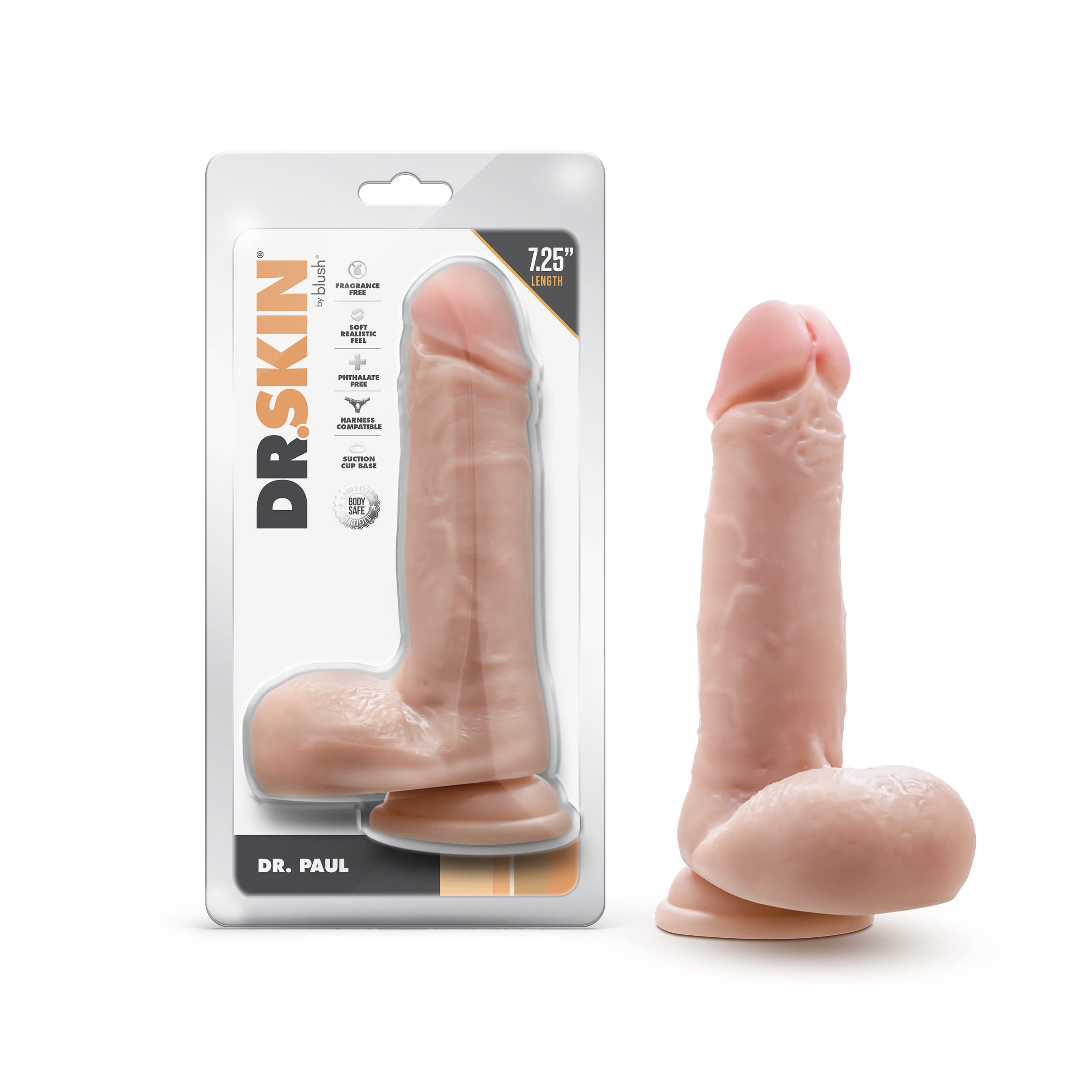 Blush Dr. Skin Dr. Paul 7.25 Realistic Dildo w/Suction Cup & Balls - Soft Yet Firm PVC Strap-On Compatible Thick Penis for Pussy