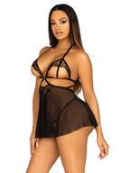 2 Pc Open Cup Eyelash Lace And Mesh Babydoll With Heart Ring Accent And Matching Panty.