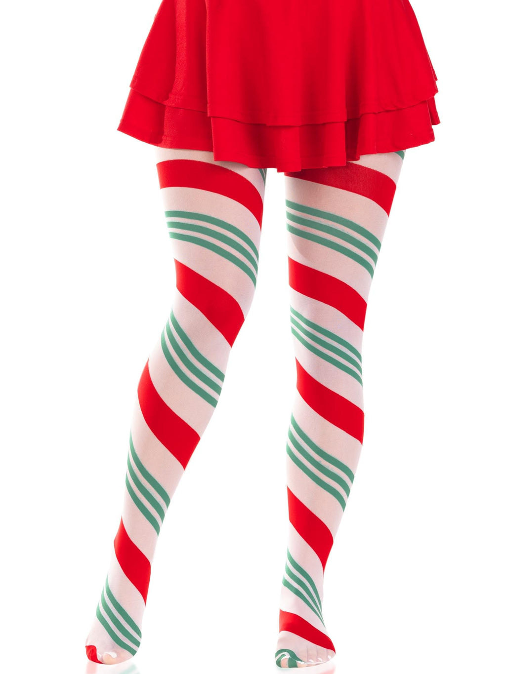 Leg Avenue Holiday ribbon striped tights. Green/Red Color
