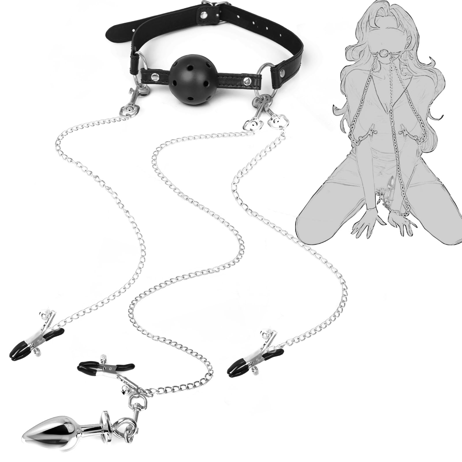 itfmypn Sex Bondage BDSM Bondaged Restraints Set Sex Toy with Breathable Ball Gag Nipple Clamp Clitoris Clip & Analplug Included