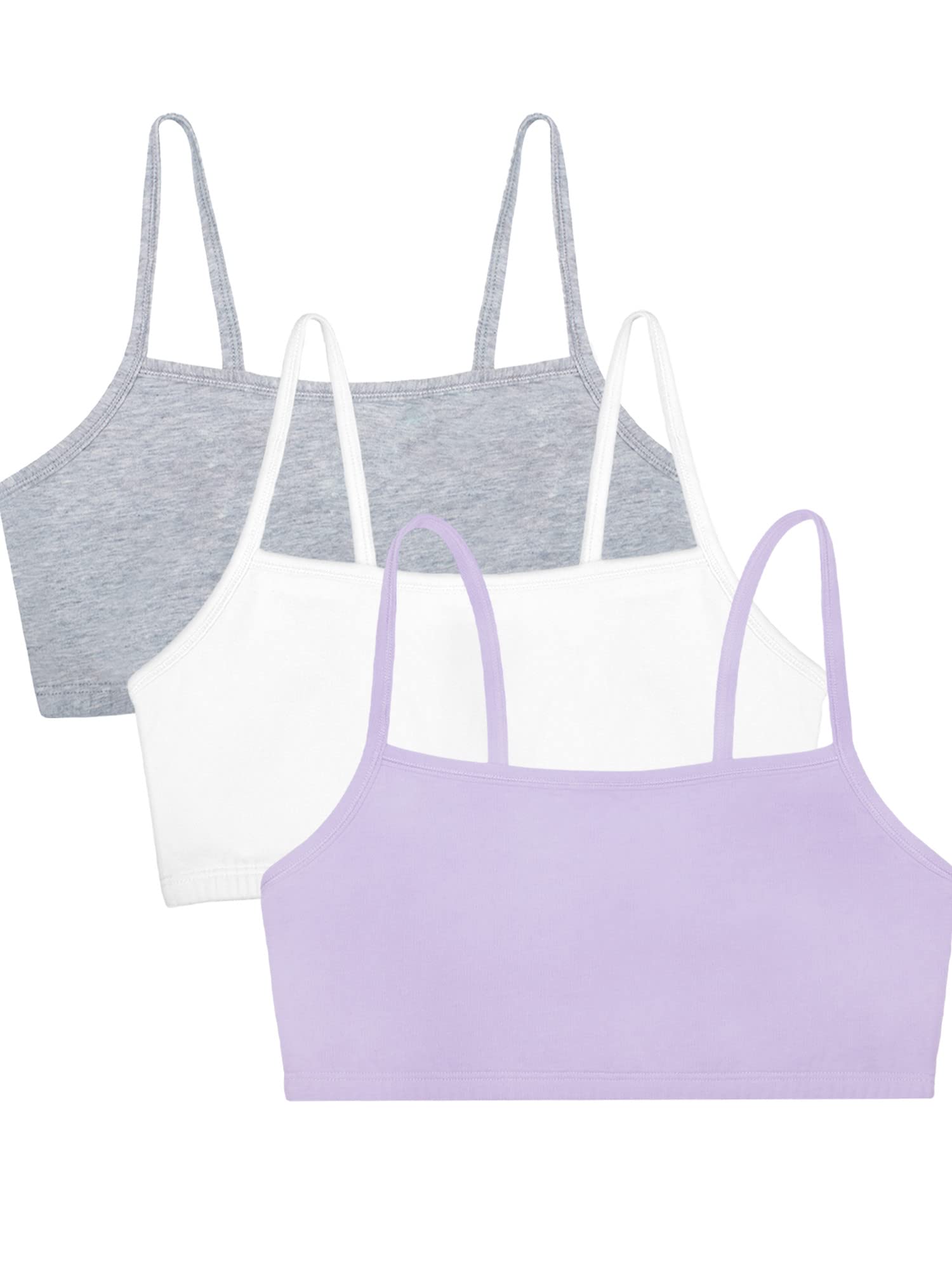 Fruit of the Loom Womens Spaghetti Strap Cotton Pull Over 3 Pack Sports Bra, Lilac Whisper/White/Grey Heather, 38