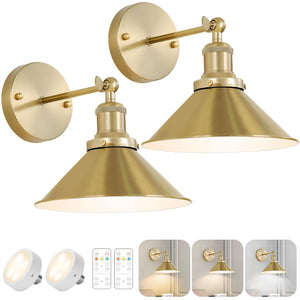 Bailoch Gold Vintage Wireless Battery Operated Wall Sconces, Industrial Cordless Battery Powered Led Wall Lights Set Of 2, Wall