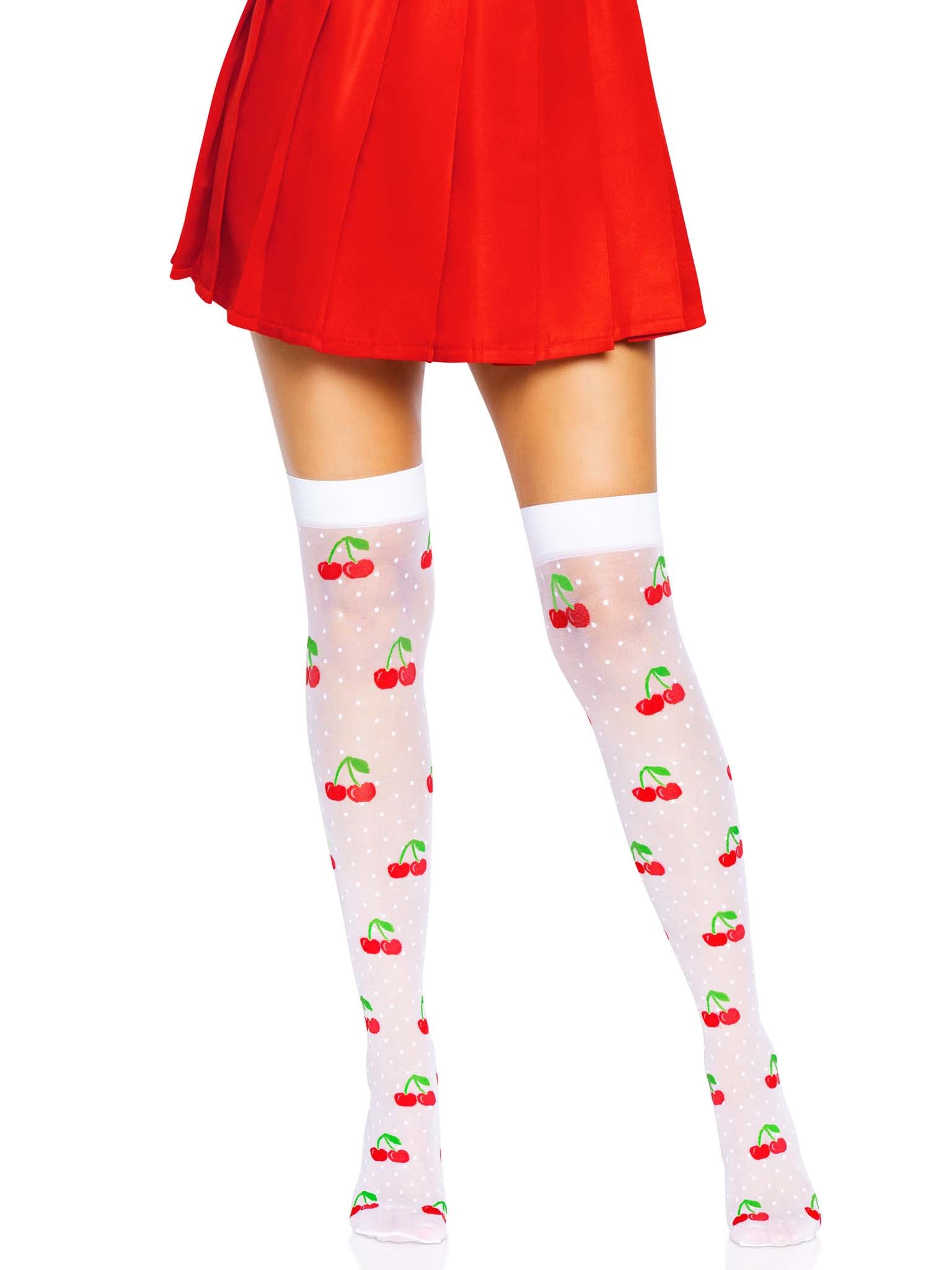 Spandex sheer polka dot cherry thigh highs.