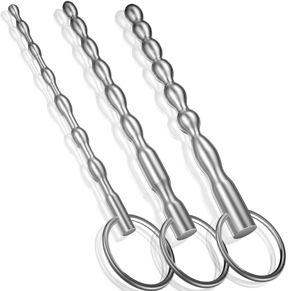 Urethral Sounds Set - 3 PCS Stainless Steel Bumpy Penis Plug Dilator with Safe Ring - Masturbation Rod Sex Toy for Men