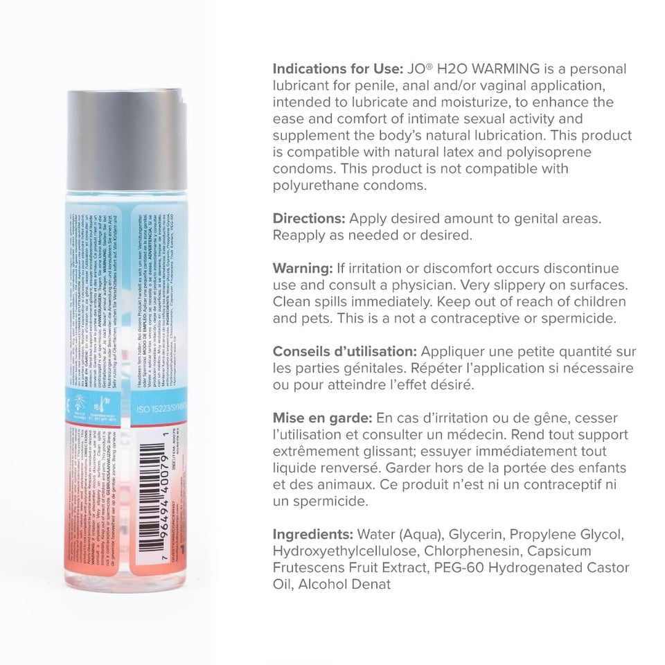Jo H2O Water Based Warming Personal Lubricant 4 Ounce Lube For Men Women And Couples (Plant Sourced Glycerin And Free Of Fragrance)