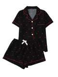 Verdusa Pajamas For Women Set 2 Piece Summer Pajama Sets Cute Pjs Lounge Matching Button Shirt with Shorts Cherry Black Large