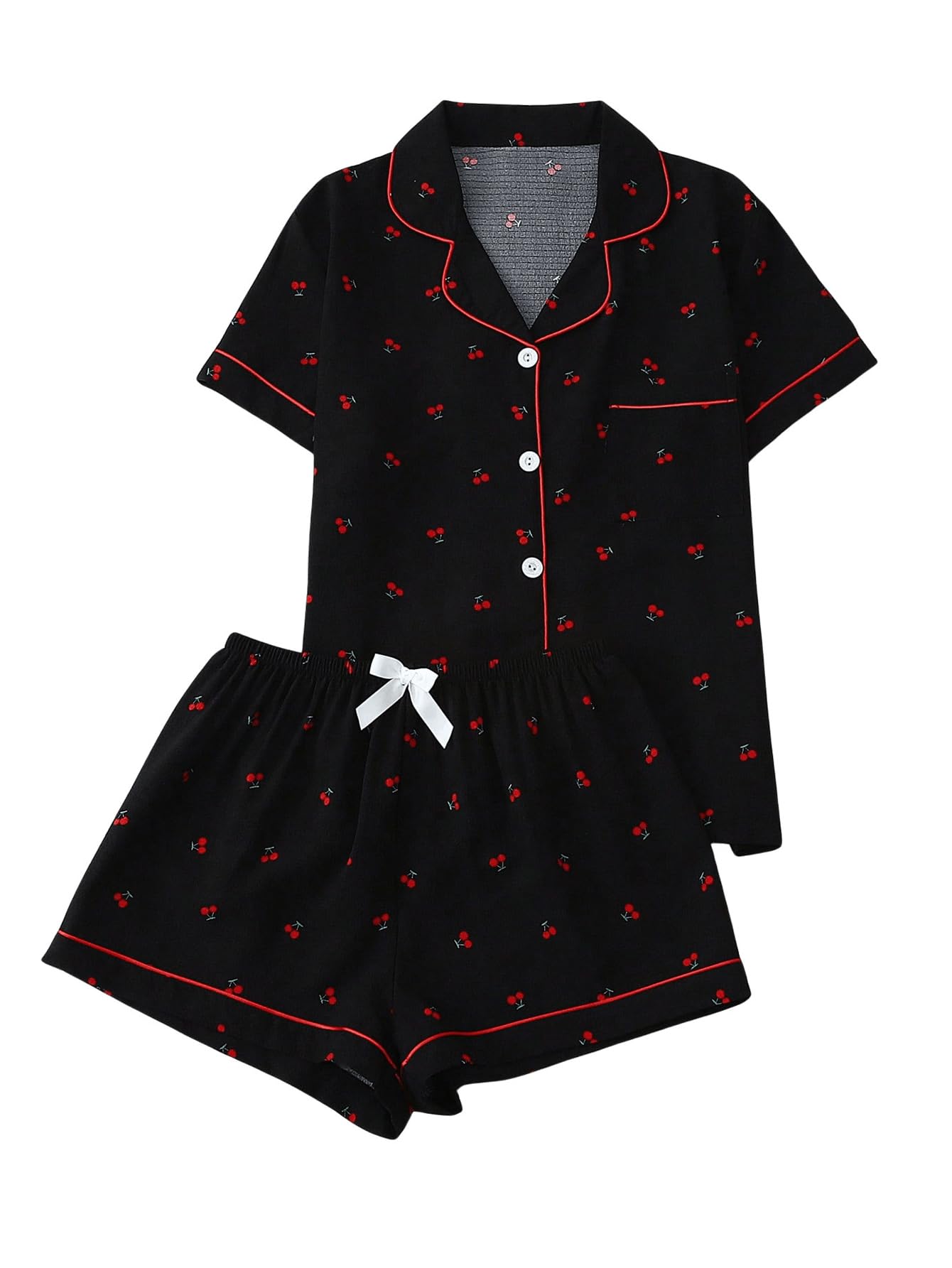 Verdusa Pajamas For Women Set 2 Piece Summer Pajama Sets Cute Pjs Lounge Matching Button Shirt with Shorts Cherry Black Large