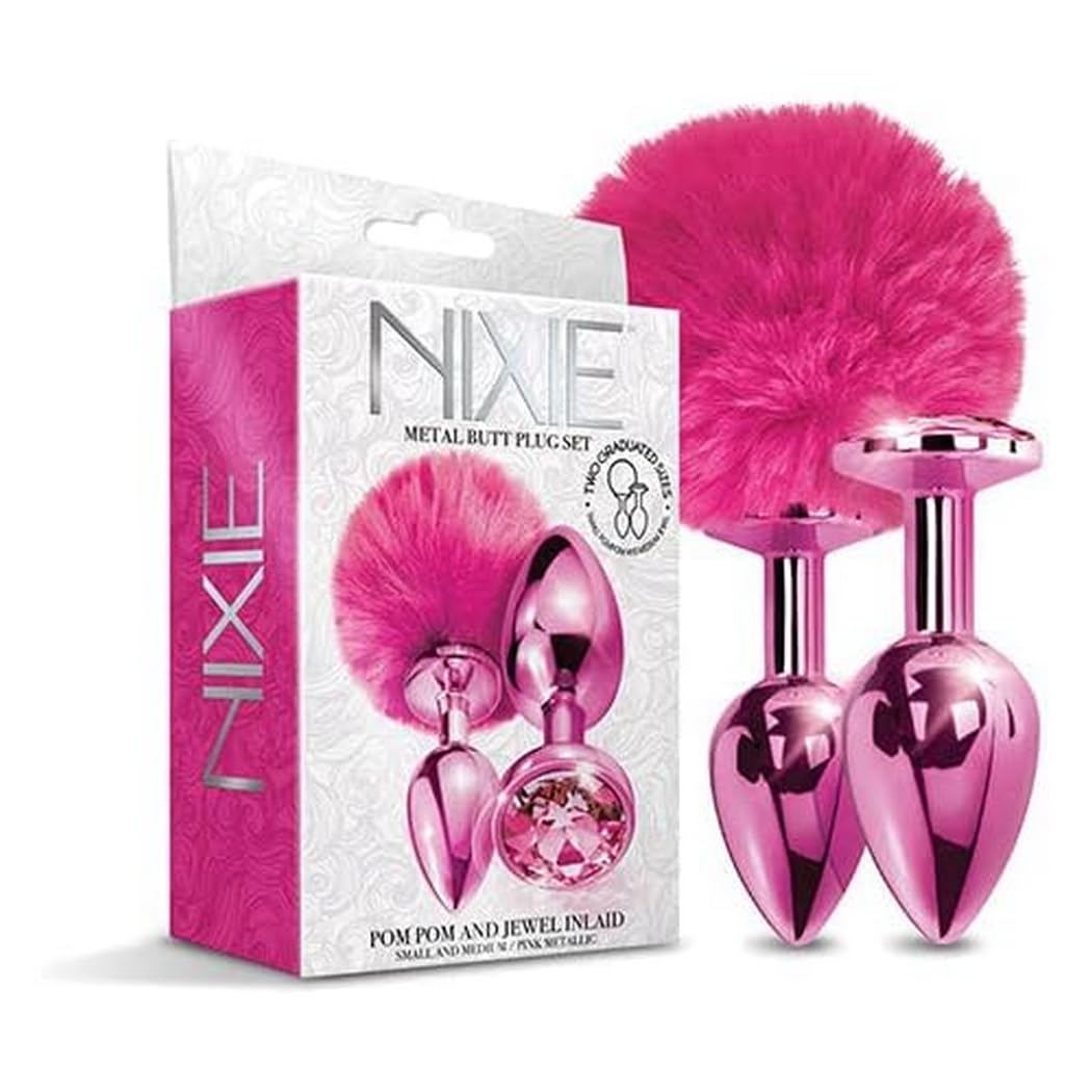 Global Novelties LLC 78878: Nixie Metal Butt Plug Set Pom & Jewel Metallic Pink